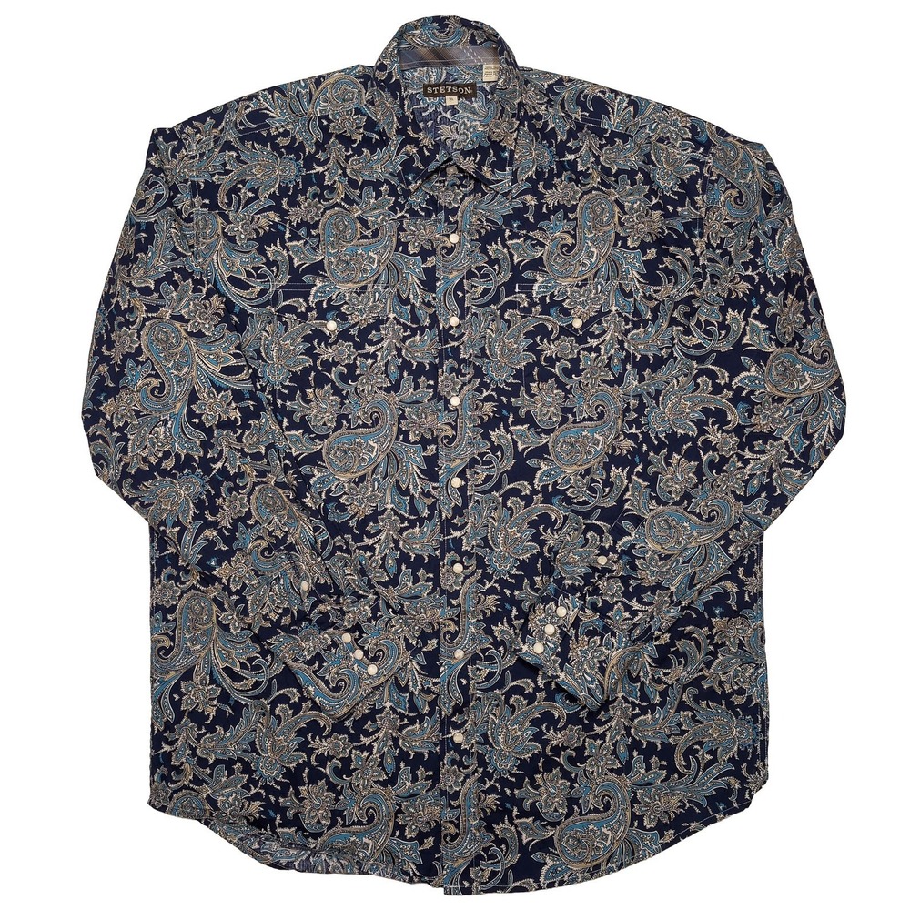 STETSON Western Shirt Mens XL Blue Excellent Paisley Pearl Snap Long Sleeve